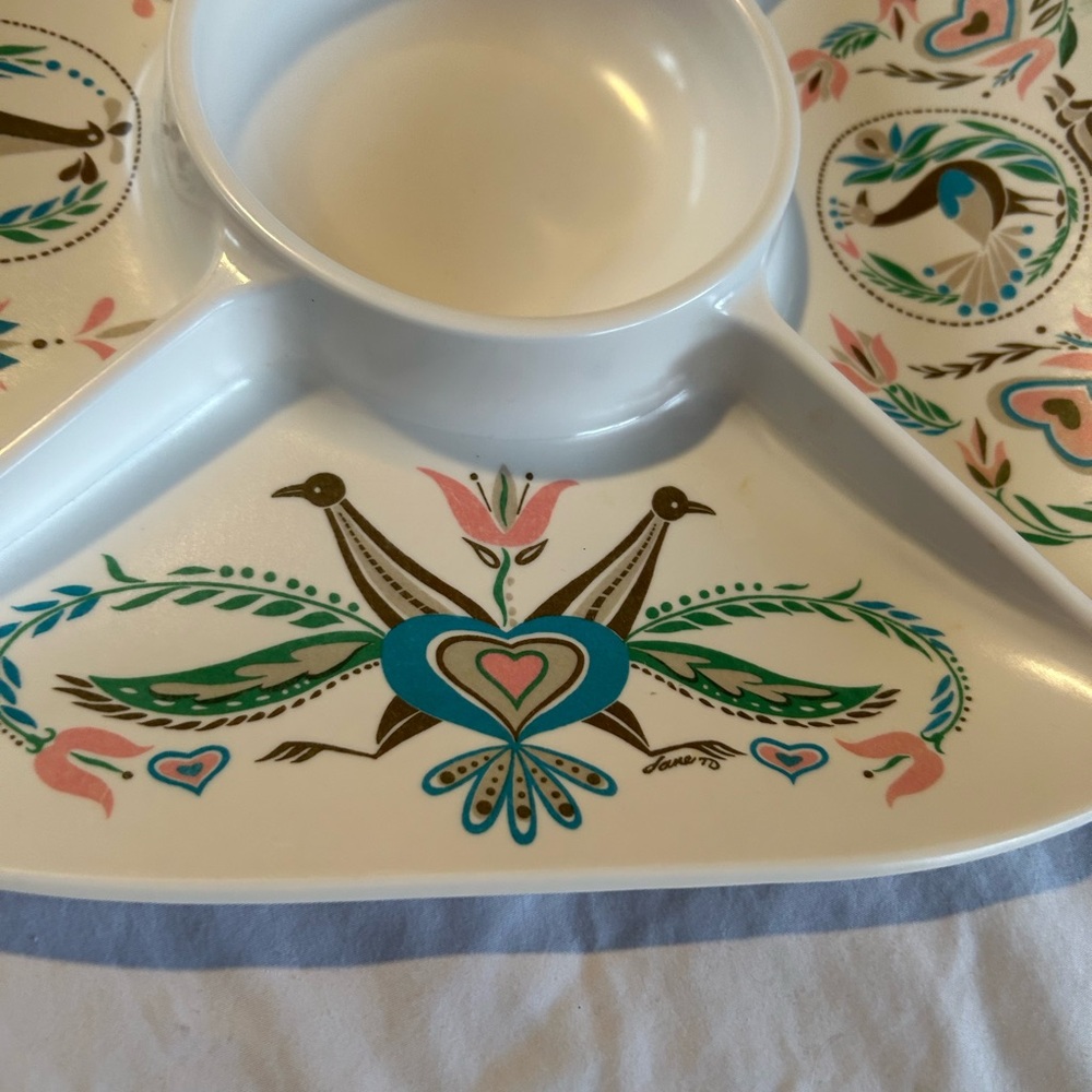 Vtg Melamine Large Divided Tray Square Penna Dutch Symbols MCM 14” Peacock Doves - Picture 5 of 8
